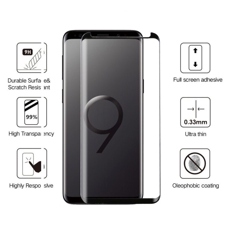 สำหรับ Galaxy S9 0.33 มิลลิเมตร 9 H ความแข็งพื้นผิว 3D ขอบโค้งป้องกันรอยขีดข่วนไม่เต็มหน้าจอ HD เต็มกาวป้องกันหน้าจอแก้ว, For Galaxy S9 Fully Adhesive