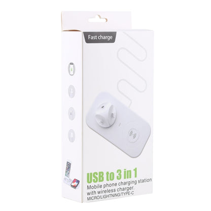 USB เป็น 3 in 1 (8 Pin + Micro USB + USB-C / Type-C) แท่นชาร์จ แท่นชาร์จตั้งโต๊ะซิงค์ข้อมูลที่วางขาตั้งพร้อมเครื่องชาร์จไร้สาย Qi และสาย USB