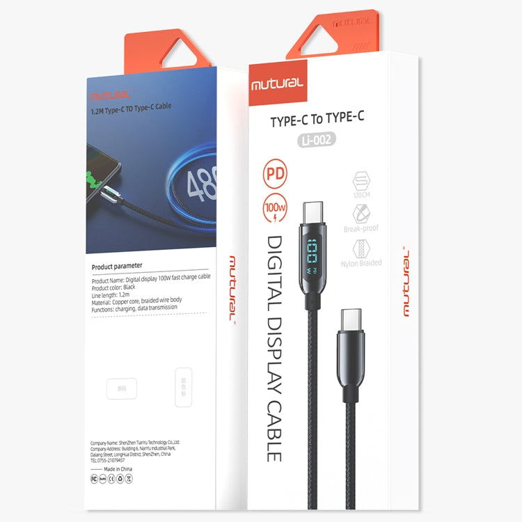 Mutural Li-CC002 1.2 ม. 100W จอแสดงผลดิจิตอล USB-C / Type-C ถึง Type-C สายชาร์จข้อมูล, Type-C to Type-C