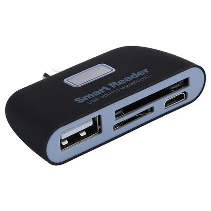 Micro SD + SD + USB 2.0 + พอร์ต Micro USB ไปยังชุดเชื่อมต่อเครื่องอ่านสมาร์ทการ์ด Micro USB OTG พร้อมไฟแสดงสถานะ LED