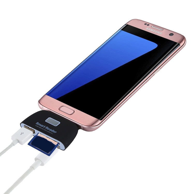 Micro SD + SD + USB 2.0 + พอร์ต Micro USB ไปยังชุดเชื่อมต่อเครื่องอ่านสมาร์ทการ์ด Micro USB OTG พร้อมไฟแสดงสถานะ LED