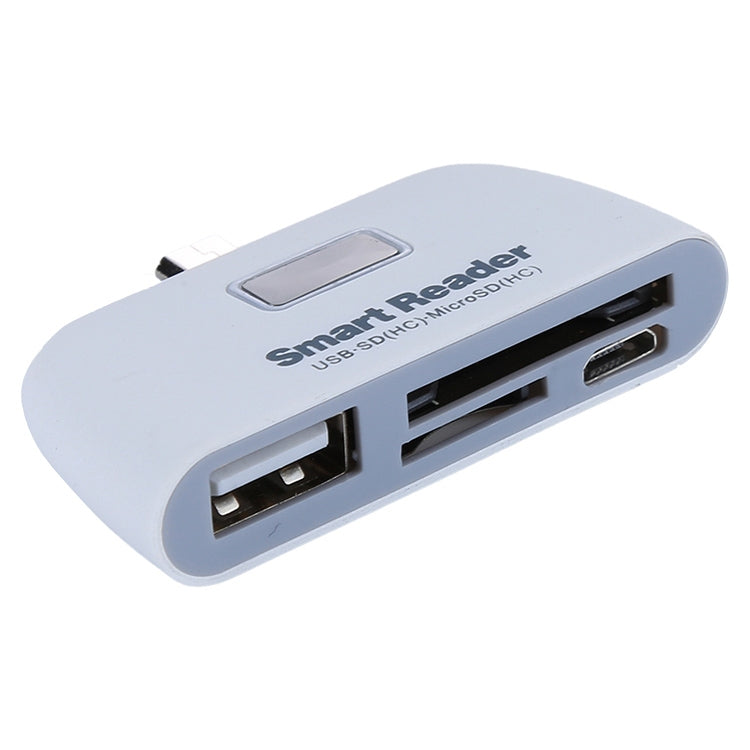Micro SD + SD + USB 2.0 + พอร์ต Micro USB ไปยังชุดเชื่อมต่อเครื่องอ่านสมาร์ทการ์ด Micro USB OTG พร้อมไฟแสดงสถานะ LED