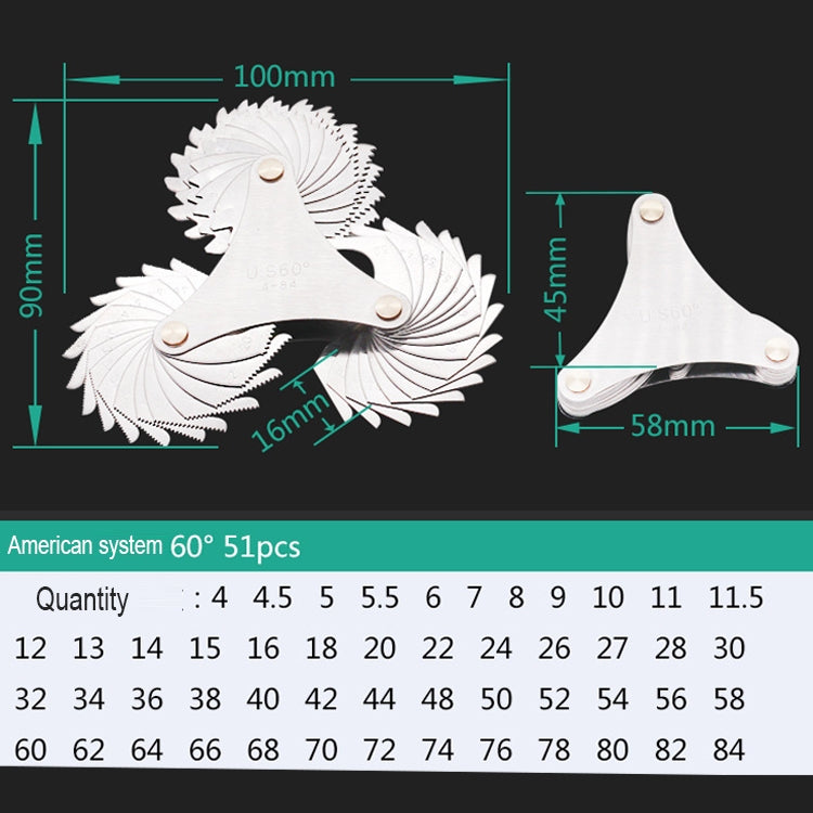 51 ชิ้น US สกรูใบมีด 60 องศา CR สแตนเลสสตีลเกจ, 51 PCS Thread Gauge