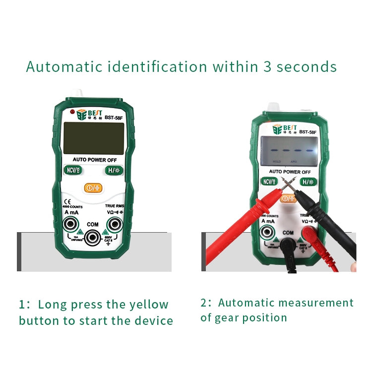 BEST BST-58F มัลติมิเตอร์แบบอัตโนมัติเต็มรูปแบบโดยไม่มี Shift การระบุอัจฉริยะมัลติมิเตอร์แบบดิจิตอลในครัวเรือนเครื่องมือไฟฟ้าขนาดเล็ก