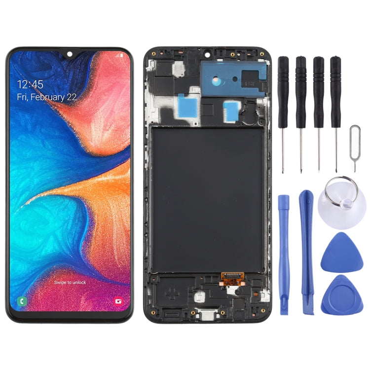 หน้าจอ LCD วัสดุ Super AMOLED ดั้งเดิมและชุดประกอบDigitizerพร้อมกรอบสำหรับGalaxy A20, For Samsung Galaxy A20 (Super AMOLED)