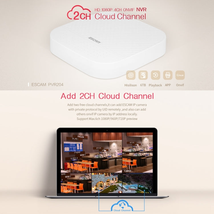 ESCAM PVR204 1080P 4CH+2CH ONVIF NVR เครื่องบันทึกวิดีโอดิจิตอลพร้อม 2CH Cloud Channel สำหรับระบบกล้อง IP, PVR204
