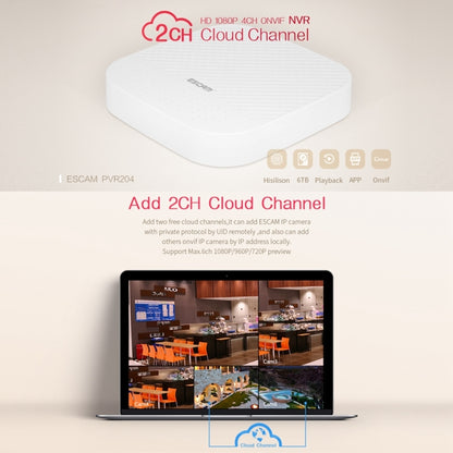 ESCAM PVR204 1080P 4CH+2CH ONVIF NVR เครื่องบันทึกวิดีโอดิจิตอลพร้อม 2CH Cloud Channel สำหรับระบบกล้อง IP, PVR204