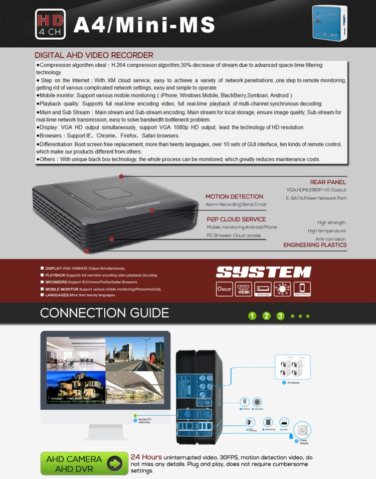 A4/Mini-MS 5 in 1 4-Channel Dual Stream H.264 1080N Mini AHD DVR, รองรับสัญญาณ AHD / TVI / CVI / CVBS / IP, A4/Mini-MS