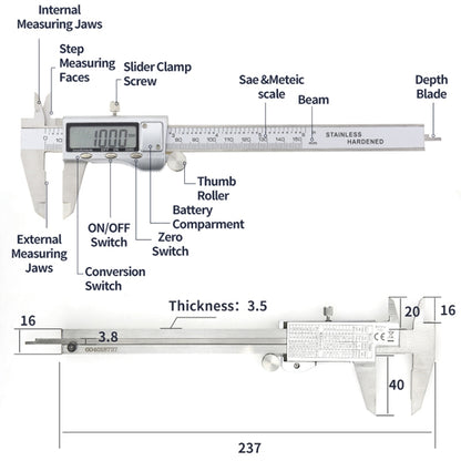 0-150 มม. LCD เครื่องวัดเส้นผ่าศูนย์กลางดิจิตอลอิเล็กทรอนิกส์ดิจิตอล Vernier Caliper, 0-150mm (Silver)