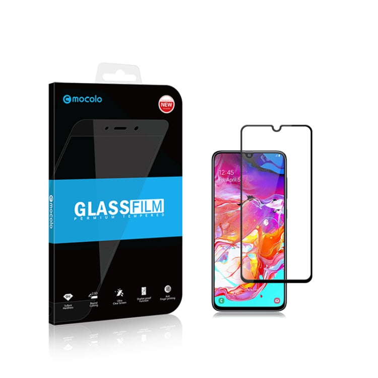 mocolo 0.33mm 9H 2.5D เต็มกาวผ้าไหมพิมพ์ฟิล์มกระจกนิรภัยสำหรับ Galaxy A70 รองรับการปลดล็อคลายนิ้วมือ (สีดำ), For Galaxy A70