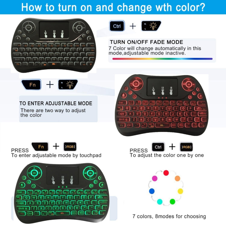 I8 Max 2.4GHz คีย์บอร์ดไร้สายขนาดเล็กพร้อมทัชแพดแบบชาร์จ Fly Air Mouse เกมอัจฉริยะ 7 สี Backlit