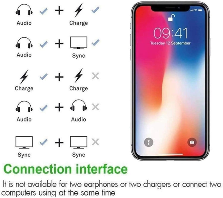 ZS-S1802 2 in 1 8 Pin Male ถึง 8 Pin Charging + 8 Pin Audio Female Connector อะแดปเตอร์หูฟัง, รองรับการโทรและควบคุมสาย, เข้ากันได้กับระบบ IOS ทั้งหมด