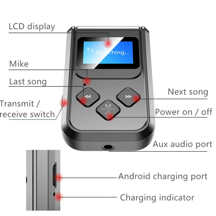 T15 2 in 1 Bluetooth 5.0 เครื่องรับส่งสัญญาณเพลงพร้อมหน้าจอ, T15
