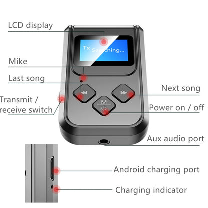 T15 2 in 1 Bluetooth 5.0 เครื่องรับส่งสัญญาณเพลงพร้อมหน้าจอ, T15