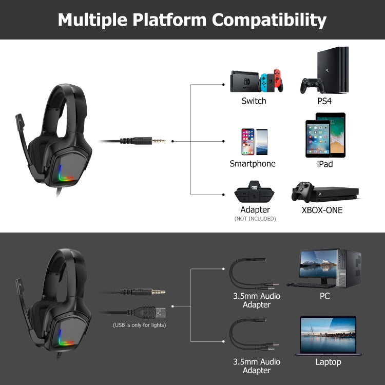ONIKUMA K20 PS4 ชุดหูฟังชุดหูฟังสเตอริโอพร้อมไมโครโฟน/ไฟ LED สำหรับ XBox One/แท็บเล็ตแล็ปท็อป