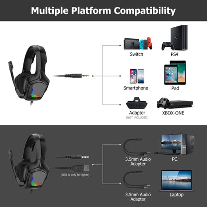 ONIKUMA K20 PS4 ชุดหูฟังชุดหูฟังสเตอริโอพร้อมไมโครโฟน/ไฟ LED สำหรับ XBox One/แท็บเล็ตแล็ปท็อป
