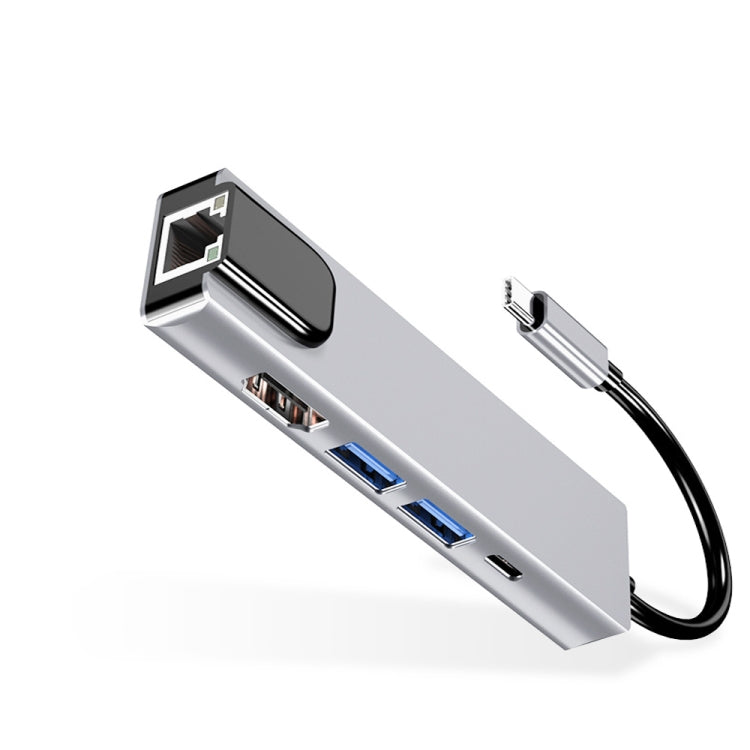 USB-C/Type-C เป็น HD 4K HDMI + RJ45 + USB 3.0 + USB 2.0 + PD 5 in 1 HUB Converter, 5 in 1