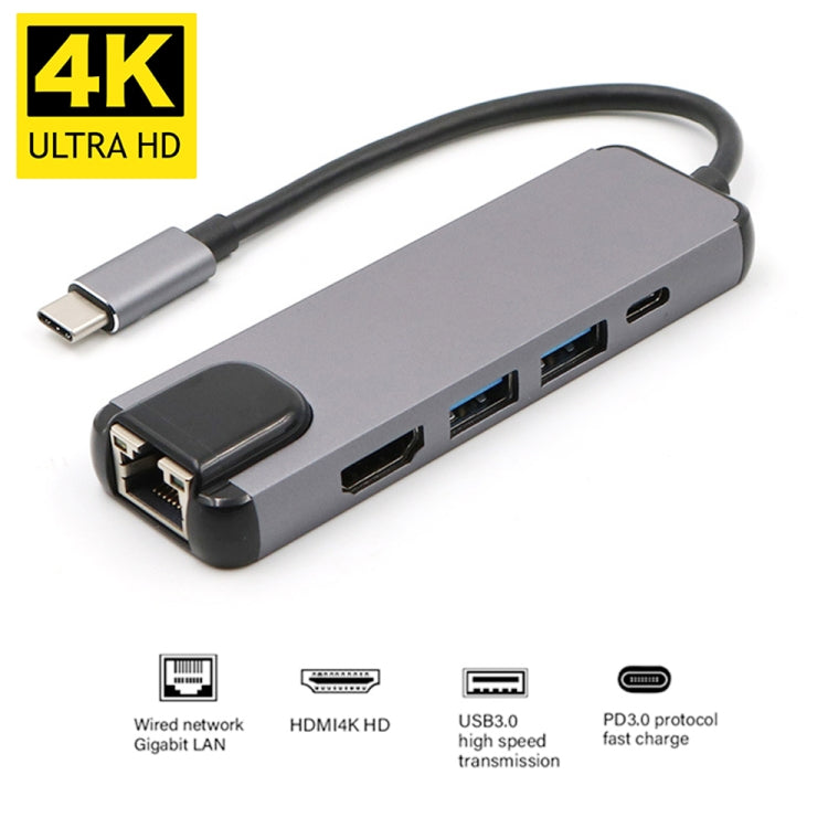USB-C/Type-C เป็น HD 4K HDMI + RJ45 + USB 3.0 + USB 2.0 + PD 5 in 1 HUB Converter, 5 in 1
