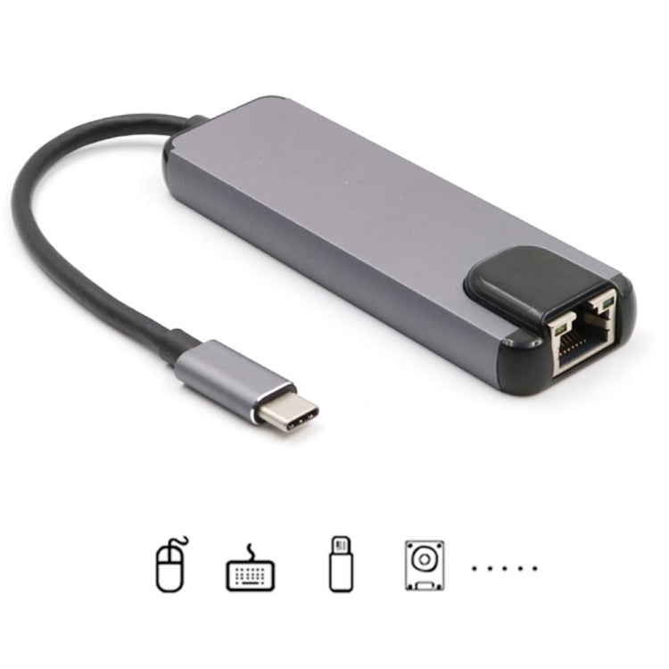 USB-C/Type-C เป็น HD 4K HDMI + RJ45 + USB 3.0 + USB 2.0 + PD 5 in 1 HUB Converter, 5 in 1