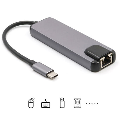 USB-C/Type-C เป็น HD 4K HDMI + RJ45 + USB 3.0 + USB 2.0 + PD 5 in 1 HUB Converter, 5 in 1