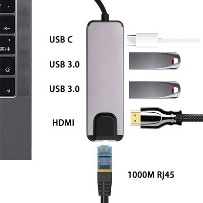 USB-C/Type-C เป็น HD 4K HDMI + RJ45 + USB 3.0 + USB 2.0 + PD 5 in 1 HUB Converter, 5 in 1