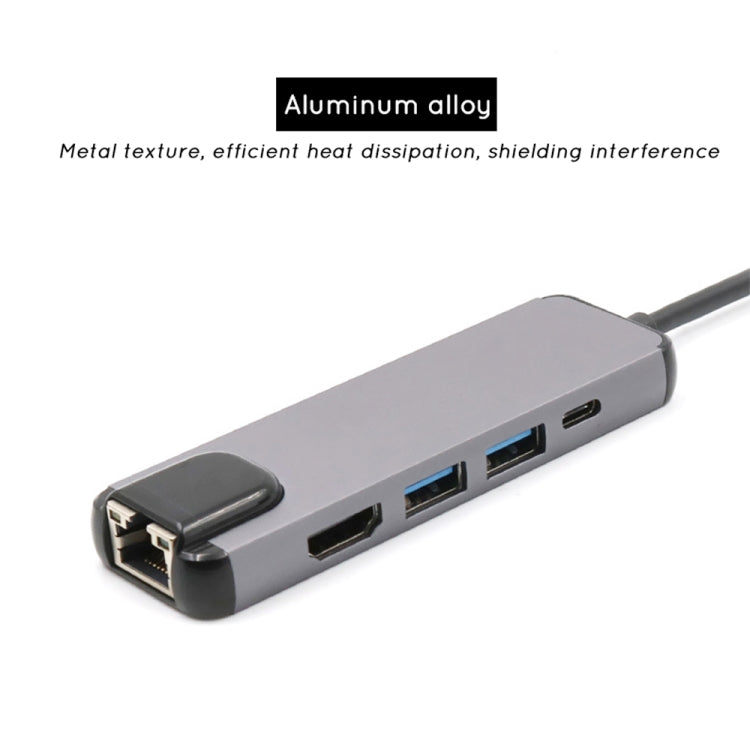 USB-C/Type-C เป็น HD 4K HDMI + RJ45 + USB 3.0 + USB 2.0 + PD 5 in 1 HUB Converter, 5 in 1
