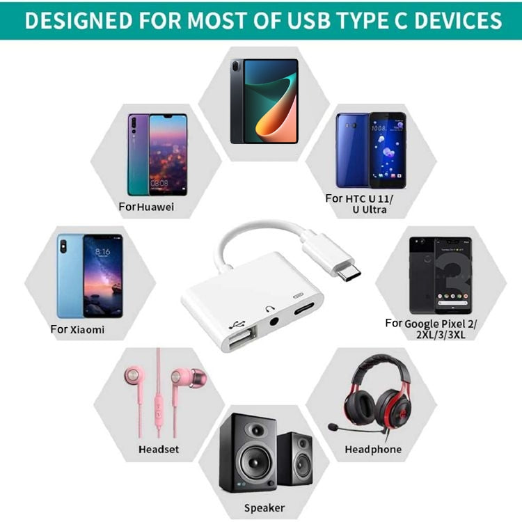 อะแดปเตอร์ USB-C OTG 3 ใน 1 พร้อมแจ็คหูฟังขนาด 3.5 มม. ใช้งานได้กับ iPad Pro และโทรศัพท์แจ็ค Type-C, 3 in 1