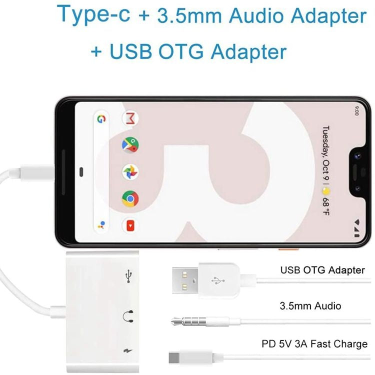 อะแดปเตอร์ USB-C OTG 3 ใน 1 พร้อมแจ็คหูฟังขนาด 3.5 มม. ใช้งานได้กับ iPad Pro และโทรศัพท์แจ็ค Type-C, 3 in 1