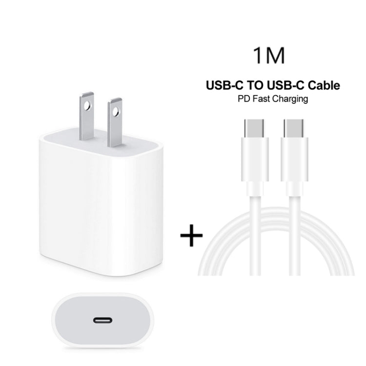 2 in 1 PD 20W ที่ชาร์จสำหรับเดินทางพอร์ต USB-C / Type-C เดี่ยว + 3A PD 3.0 USB-C / Type-C ถึง USB-C / Type-C ชุดสายเคเบิลข้อมูลชาร์จเร็ว, ความยาวสายเคเบิล: 1 ม., ปลั๊ก US, 20W 1m