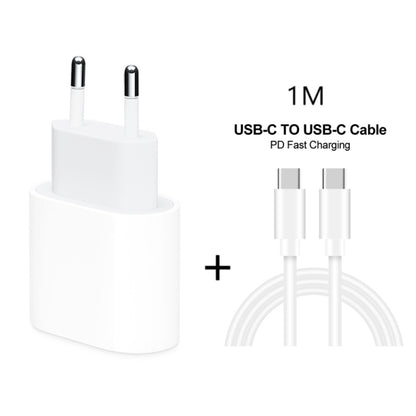 2 in 1 PD 20W ที่ชาร์จสำหรับเดินทางพอร์ต USB-C / Type-C เดี่ยว + 3A PD3.0 USB-C / Type-C ถึง USB-C / Type-C ชุดสายเคเบิลข้อมูลชาร์จเร็ว, ความยาวสายเคเบิล: 1 ม., ปลั๊ก EU, 20W 1m