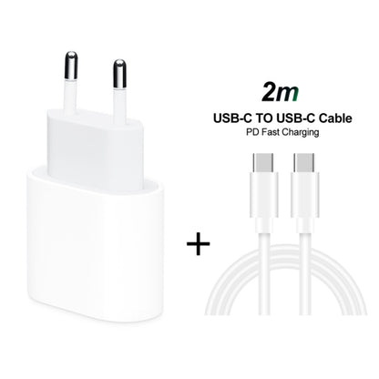 2 in 1 PD 20W ที่ชาร์จสำหรับเดินทางพอร์ต USB-C / Type-C เดี่ยว + 3A PD3.0 USB-C / Type-C ถึง USB-C / Type-C ชุดสายเคเบิลข้อมูลชาร์จเร็ว, ความยาวสายเคเบิล: 2 ม., ปลั๊ก EU, 20W 2m
