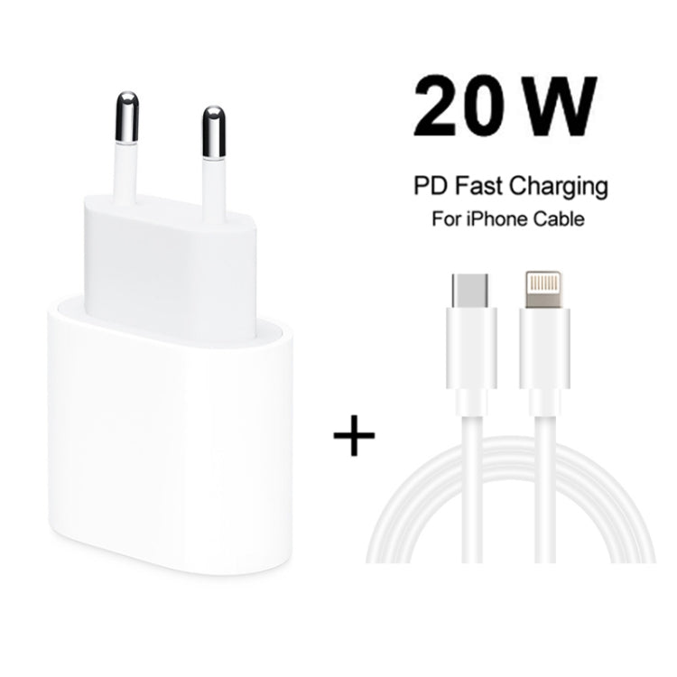 2 in 1 PD 20W แท่นชาร์จสำหรับเดินทางพอร์ต USB-C / Type-C เดี่ยว + 3A PD3.0 ชุดสายเคเบิลข้อมูล USB-C / Type-C ถึง 8 พินชาร์จเร็ว, ความยาวสายเคเบิล: 2 ม., ปลั๊ก EU, 20W 2m