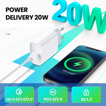 2 in 1 PD 20W แท่นชาร์จสำหรับเดินทางพอร์ต USB-C / Type-C เดี่ยว + 3A PD3.0 ชุดสายเคเบิลข้อมูล USB-C / Type-C ถึง 8 พินชาร์จเร็ว, ความยาวสายเคเบิล: 2 ม., ปลั๊ก EU, 20W 2m