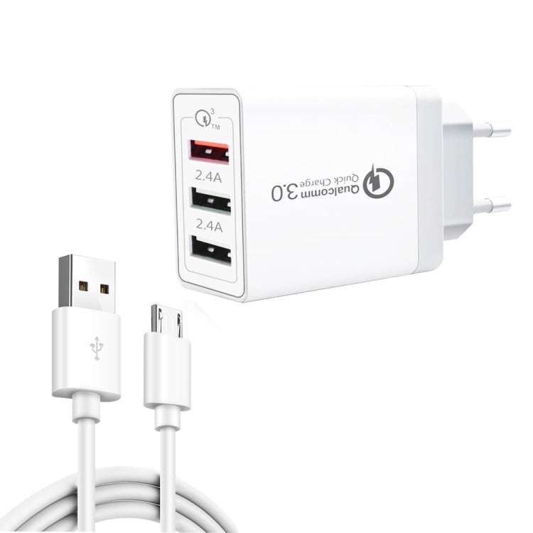 SDC-30W 2 in 1 USB เข้ากับสายเคเบิลข้อมูล Micro USB + 30W QC 3.0 USB 2.4A พอร์ต USB คู่ 2.0 โทรศัพท์มือถือแท็บเล็ตพีซี Universal Quick Charger ชุดอุปกรณ์ชาร์จสำหรับเดินทาง, ปลั๊ก EU, with Micro USB Cable, EU Plug