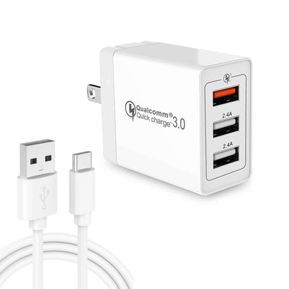 SDC-30W 2 in 1 USB เป็น USB-C / Type-C สายเคเบิลข้อมูล + 30W QC 3.0 USB 2.4A พอร์ต USB คู่ 2.0 โทรศัพท์มือถือแท็บเล็ตพีซี Universal Quick Charger Travel Charger Set, US Plug, with USB-C / Type-C Cable, US Plug