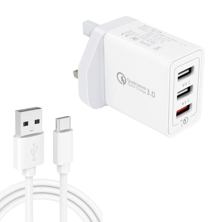 SDC-30W 2 in 1 USB เป็น USB-C / Type-C สายเคเบิลข้อมูล + 30W QC 3.0 USB 2.4A พอร์ต USB คู่ 2.0 โทรศัพท์มือถือแท็บเล็ตพีซี Universal Quick Charger Travel Charger Set, UK Plug, with USB-C / Type-C Cable, UK Plug