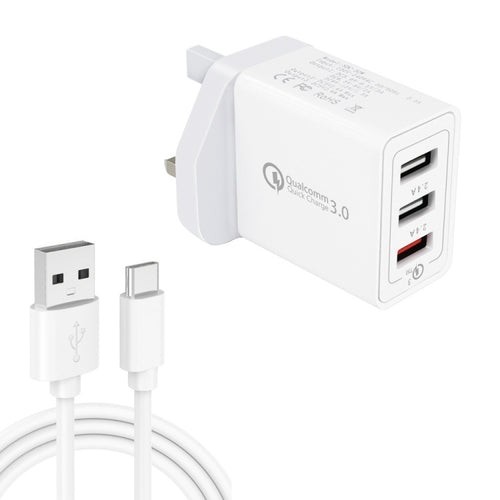 SDC-30W 2 in 1 USB เป็น USB-C / Type-C สายเคเบิลข้อมูล + 30W QC 3.0 USB 2.4A พอร์ต USB คู่ 2.0 โทรศัพท์มือถือแท็บเล็ตพีซี Universal Quick Charger Travel Charger Set, UK Plug, with USB-C / Type-C Cable, UK Plug