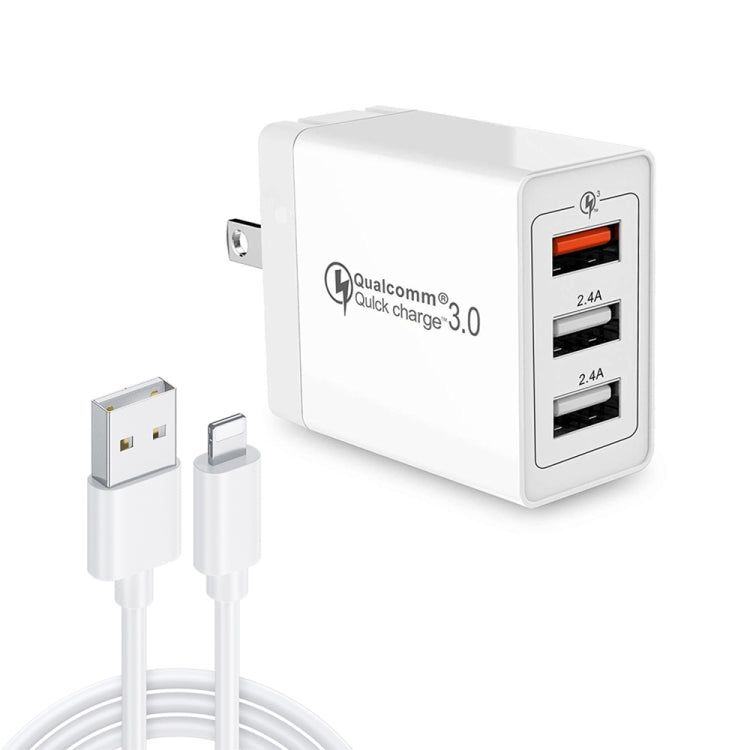 SDC-30W 2 in 1 USB ถึง 8 Pin Data Cable + 30W QC 3.0 USB + 2.4A Dual USB 2.0 พอร์ตโทรศัพท์มือถือแท็บเล็ตพีซี Universal Quick Charger Travel Charger Set, US Plug, with 8 Pin Cable, US Plug
