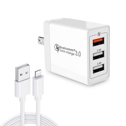SDC-30W 2 in 1 USB ถึง 8 Pin Data Cable + 30W QC 3.0 USB + 2.4A Dual USB 2.0 พอร์ตโทรศัพท์มือถือแท็บเล็ตพีซี Universal Quick Charger Travel Charger Set, US Plug, with 8 Pin Cable, US Plug