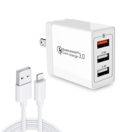 SDC-30W 2 in 1 USB ถึง 8 Pin Data Cable + 30W QC 3.0 USB + 2.4A Dual USB 2.0 พอร์ตโทรศัพท์มือถือแท็บเล็ตพีซี Universal Quick Charger Travel Charger Set, US Plug, with 8 Pin Cable, US Plug