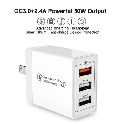 SDC-30W 2 in 1 USB ถึง 8 Pin Data Cable + 30W QC 3.0 USB + 2.4A Dual USB 2.0 พอร์ตโทรศัพท์มือถือแท็บเล็ตพีซี Universal Quick Charger Travel Charger Set, US Plug, with 8 Pin Cable, US Plug