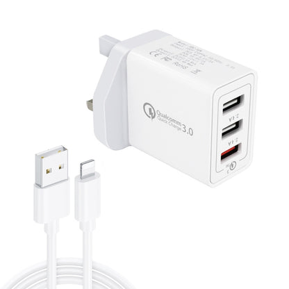 SDC-30W 2 in 1 USB to 8 Pin Data Cable + 30W QC 3.0 USB + 2.4A Dual USB 2.0 พอร์ตโทรศัพท์มือถือแท็บเล็ตพีซี Universal Quick Charger Travel Charger Set, UK Plug, with 8 Pin Cable, UK Plug