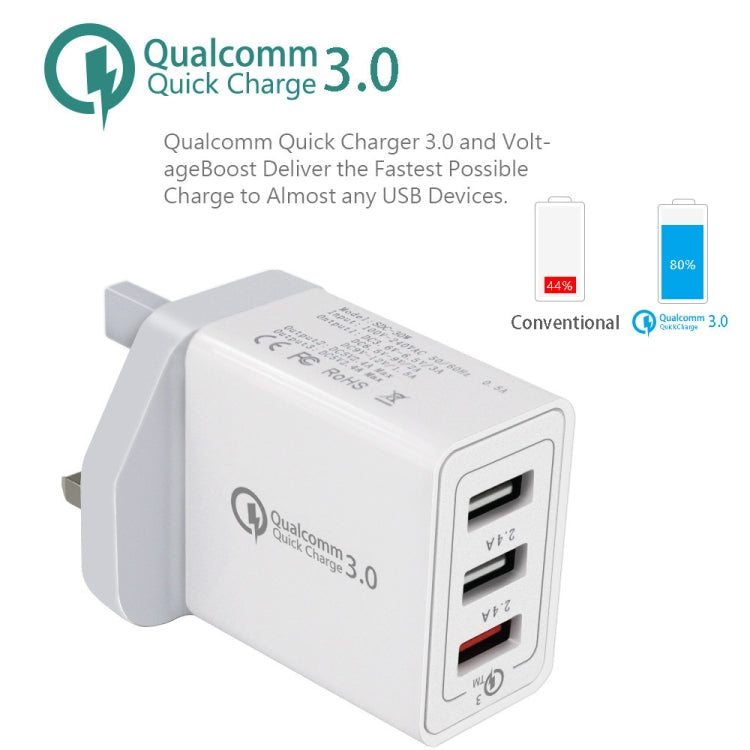 SDC-30W 2 in 1 USB to 8 Pin Data Cable + 30W QC 3.0 USB + 2.4A Dual USB 2.0 พอร์ตโทรศัพท์มือถือแท็บเล็ตพีซี Universal Quick Charger Travel Charger Set, UK Plug, with 8 Pin Cable, UK Plug