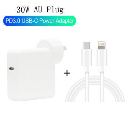 2 in 1 PD3.0 30W USB-C / Type-C Travel Charger พร้อมเท้าที่ถอดออกได้ PD3.0 3A USB-C / Type-C ถึง 8 Pin ชุดสายเคเบิลข้อมูลการชาร์จอย่างรวดเร็ว, ความยาวสายเคเบิล: 1 ม., ปลั๊ก AU, 1m