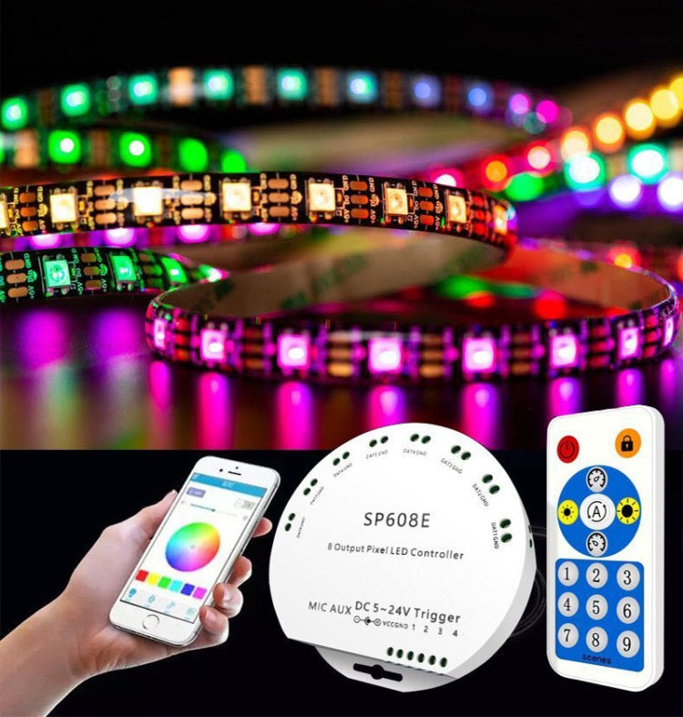 SP608E Dual สัญญาณเอาต์พุต Mobile APP ควบคุมบลูทูธ LED Controller Kit สำหรับ WS2812B WS2811 1903 1804 พิกเซล LED Strip, DC5V ~ 24V