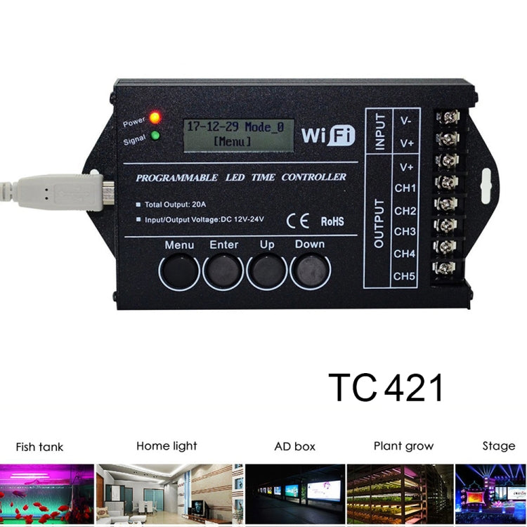 TC421 20A WiFi โปรแกรม 5CH RGB LED ตัวควบคุมเวลาสำหรับพิพิธภัณฑ์สัตว์น้ำ, ถังปลา, การเจริญเติบโตของพืช, DC 12-24V