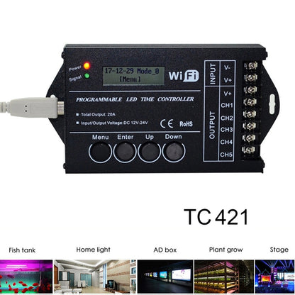 TC421 20A WiFi โปรแกรม 5CH RGB LED ตัวควบคุมเวลาสำหรับพิพิธภัณฑ์สัตว์น้ำ, ถังปลา, การเจริญเติบโตของพืช, DC 12-24V