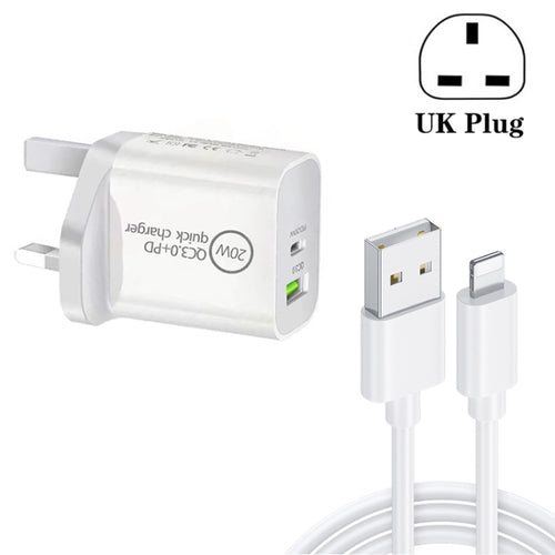 SDC-18W 18W PD 3.0 + QC 3.0 USB Dual Fast Charging Universal Travel Charger พร้อม Micro USB ถึง 8 Pin Fast Charging Data Cable, UK Plug, USB to 8 Pin (UK Plug)