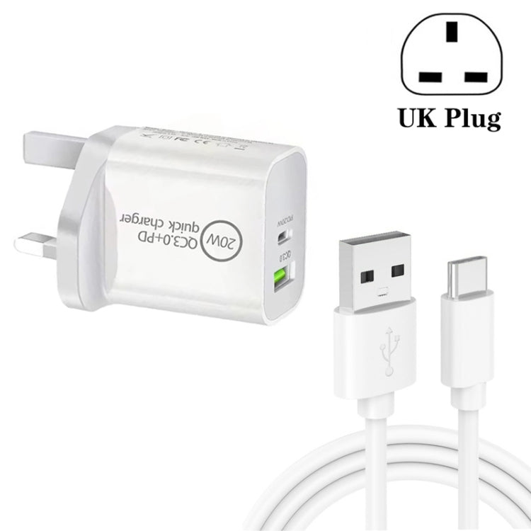 SDC-18W 18W PD 3.0 + QC 3.0 USB Dual Fast Charging Universal Travel Charger พร้อม USB เพื่อ Type-C / USB-C สายเคเบิลข้อมูลการชาร์จอย่างรวดเร็ว, ปลั๊ก UK, USB to Type-C / USB-C (UK Plug)