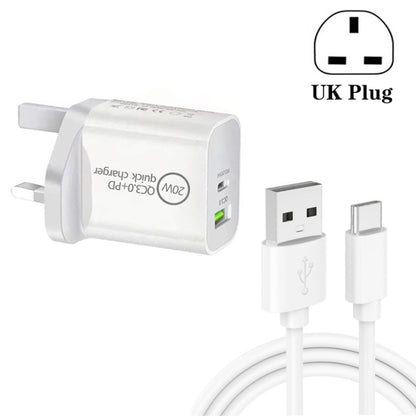 SDC-18W 18W PD 3.0 + QC 3.0 USB Dual Fast Charging Universal Travel Charger พร้อม USB เพื่อ Type-C / USB-C สายเคเบิลข้อมูลการชาร์จอย่างรวดเร็ว, ปลั๊ก UK, USB to Type-C / USB-C (UK Plug)